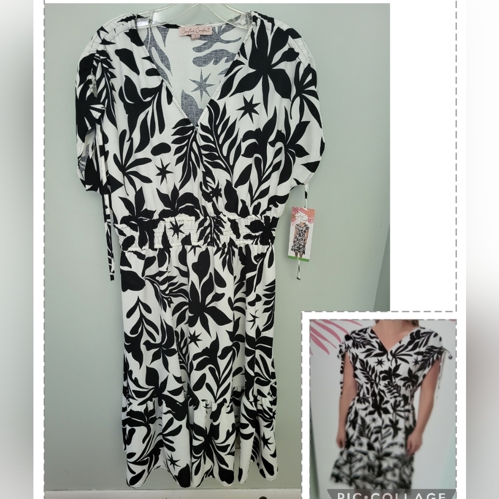 Coastal Comfort Large Short Sleeve V Neck Floral Knee Length Black White New‎